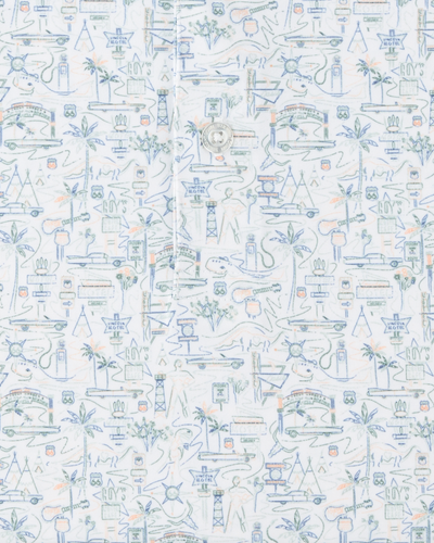 Close-up of the Route 66 Polo fabric highlighting the detailed roadside-inspired print with cars, signs, palm trees, guitars, and desert motifs.