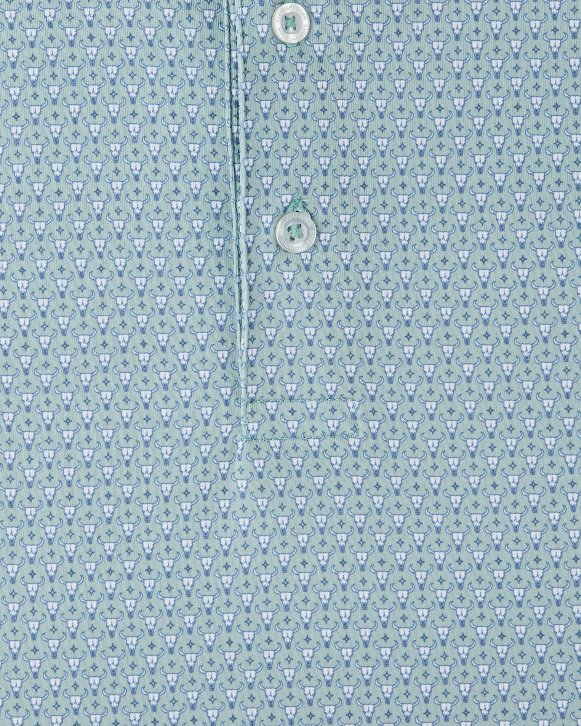 Close-up of a soft blue-green and white patterned button-down shirt fabric, showing a repeating cattle skull print and two white buttons on the placket.