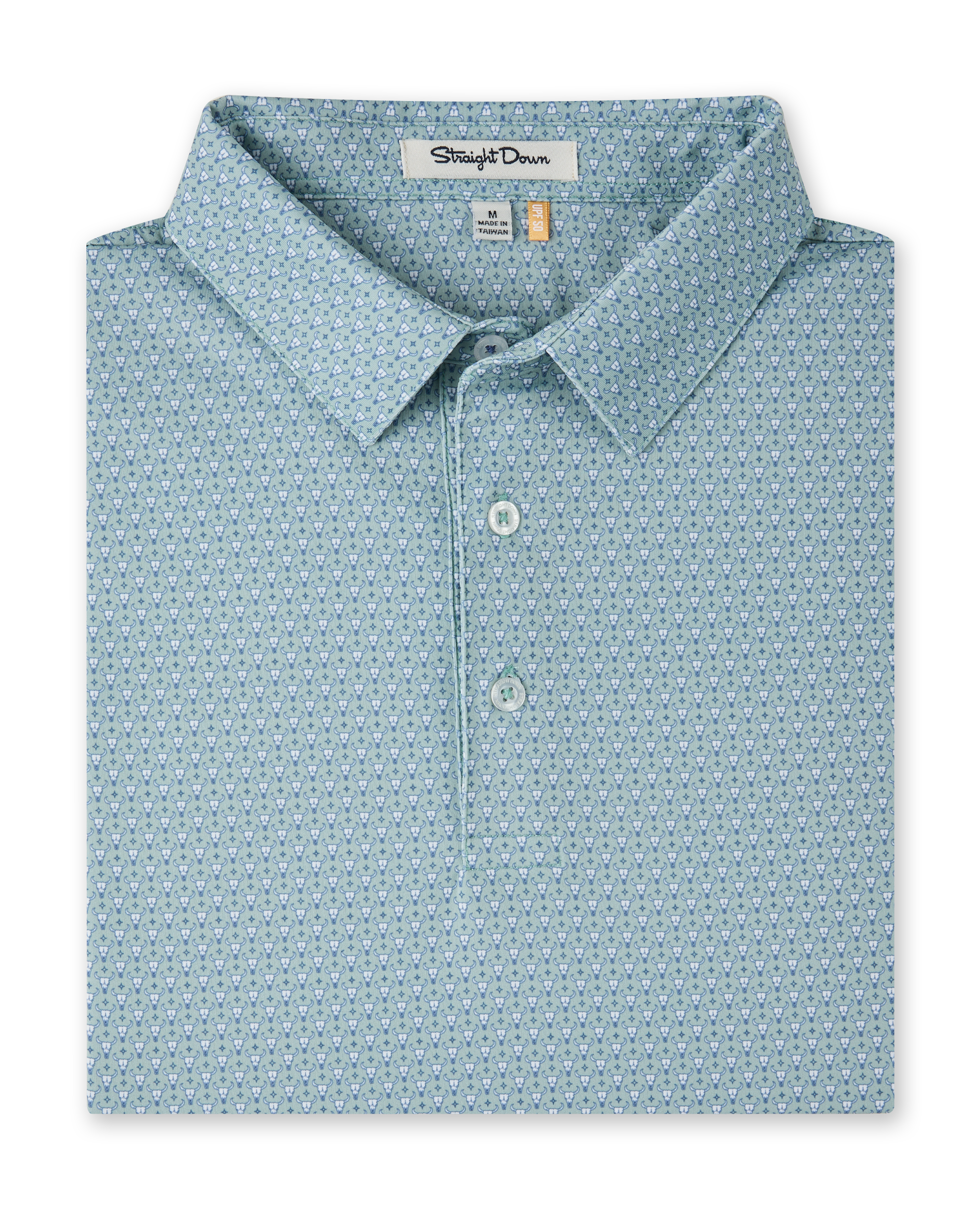 A folded soft green-blue short-sleeve dress shirt with a small print of small white cattle skull heads, featuring a classic collar and a button placket. The brand label 'Straight Down' is visible inside the collar.