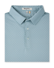A folded soft green-blue short-sleeve dress shirt with a small print of small white cattle skull heads, featuring a classic collar and a button placket. The brand label 'Straight Down' is visible inside the collar.