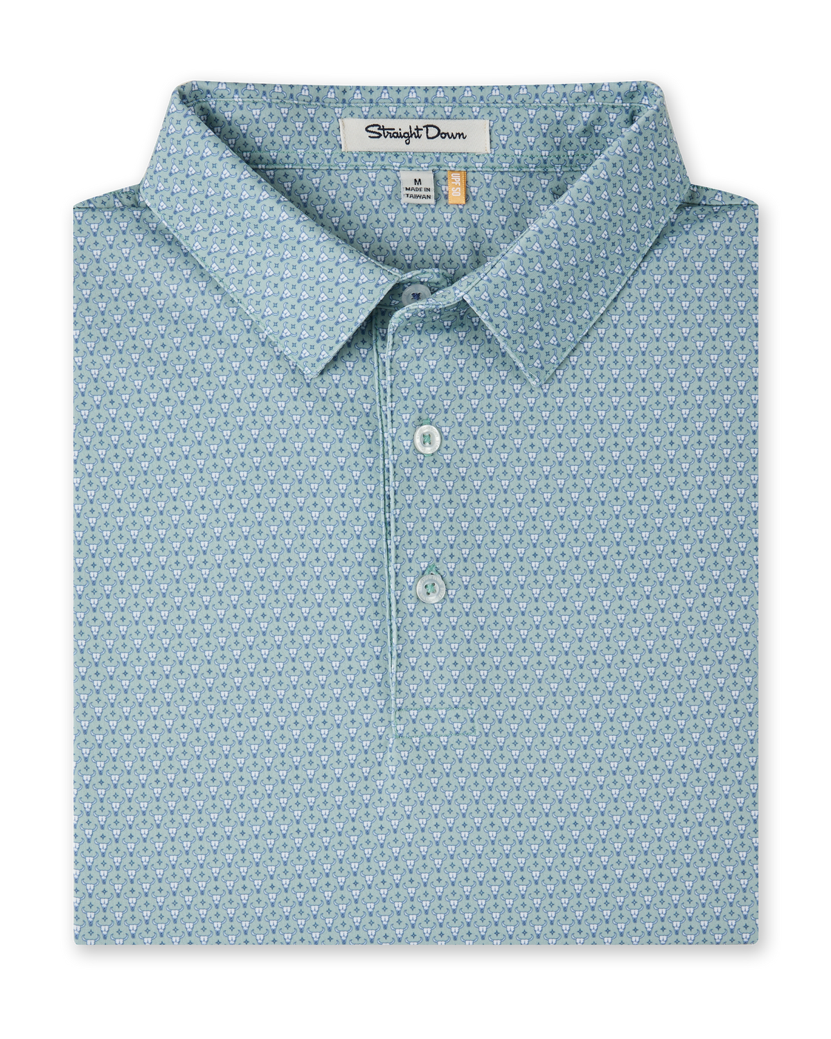 A folded soft green-blue short-sleeve dress shirt with a small print of small white cattle skull heads, featuring a classic collar and a button placket. The brand label 'Straight Down' is visible inside the collar.