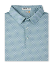 A folded soft green-blue short-sleeve dress shirt with a small print of small white cattle skull heads, featuring a classic collar and a button placket. The brand label 'Straight Down' is visible inside the collar.
