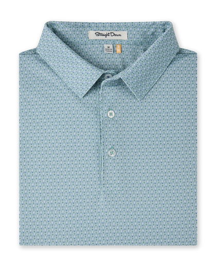 A folded soft green-blue short-sleeve dress shirt with a small print of small white cattle skull heads, featuring a classic collar and a button placket. The brand label 'Straight Down' is visible inside the collar.
