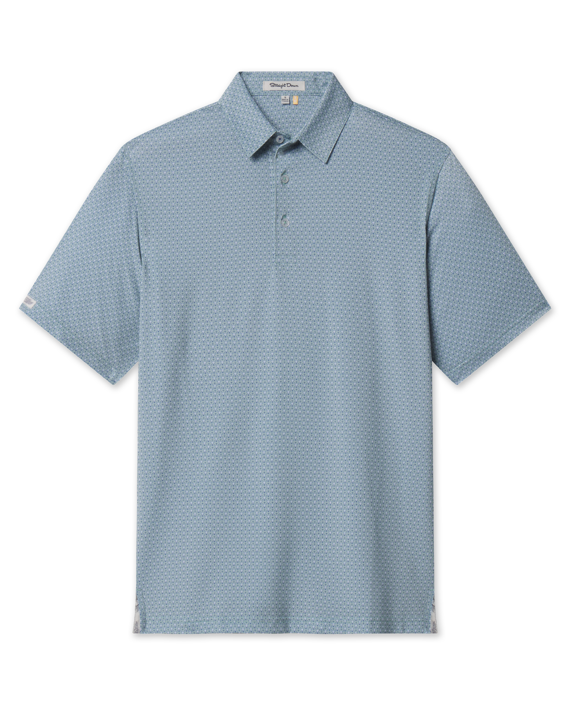 A soft green-blue short-sleeve polo shirt with a subtle repeating cattle skull pattern, featuring a classic collar and a three-button placket.