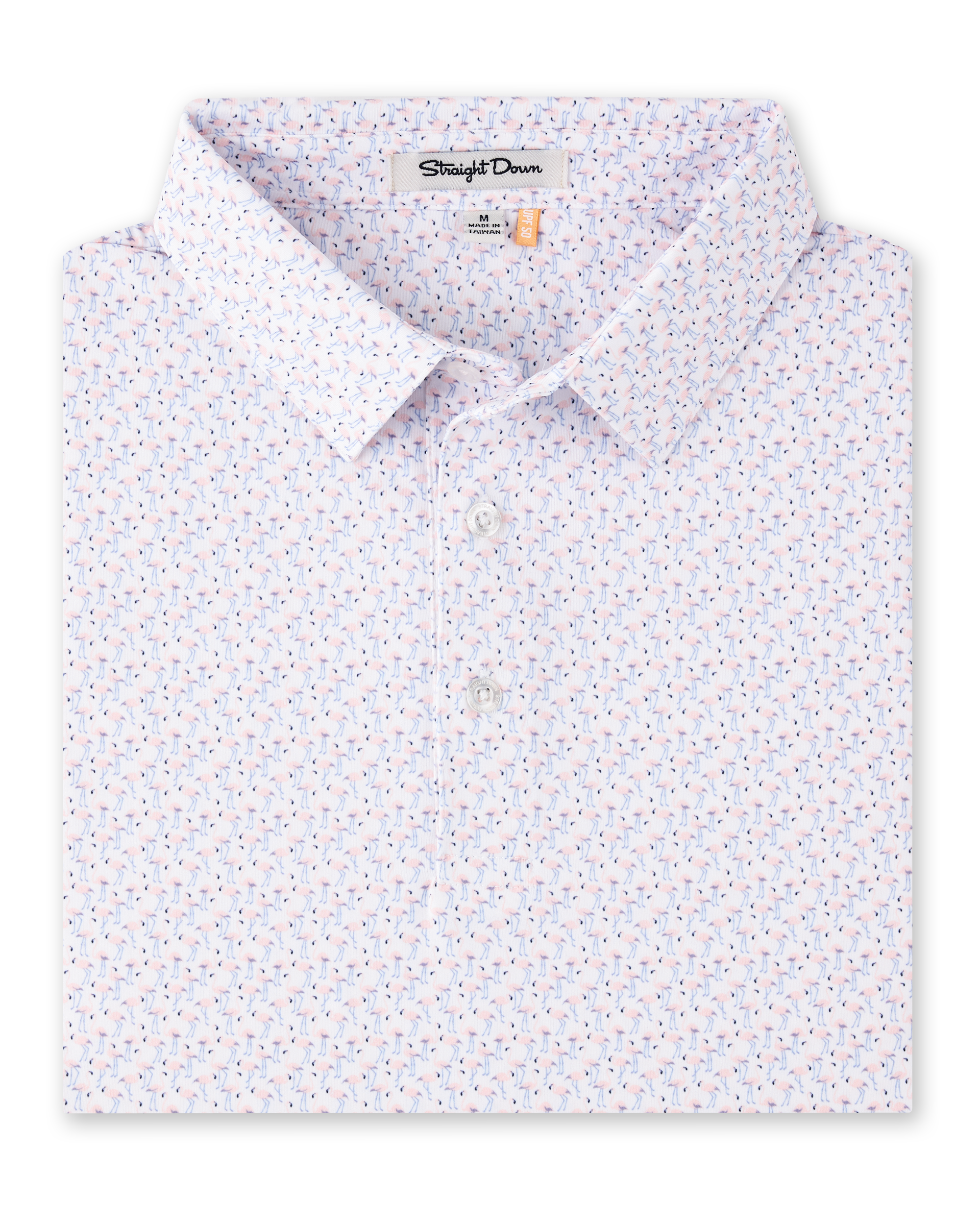 Folded Pink Flamingo Polo in Seashell, featuring an allover pink flamingo print with light blue and navy accents.