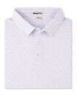 Folded Pink Flamingo Polo in Seashell, featuring an allover pink flamingo print with light blue and navy accents.