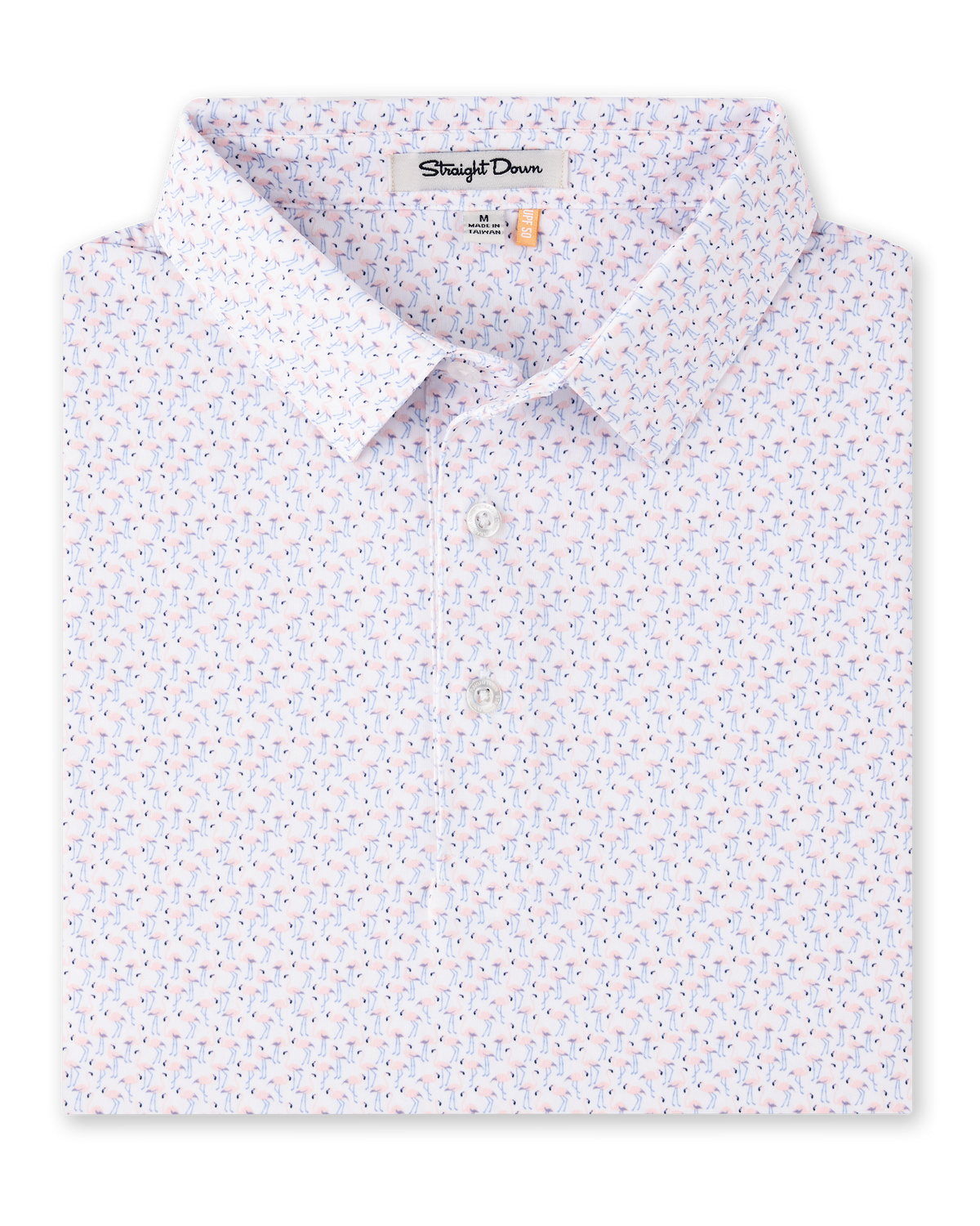 Folded Pink Flamingo Polo in Seashell, featuring an allover pink flamingo print with light blue and navy accents.