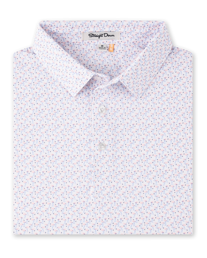 Folded Pink Flamingo Polo in Seashell, featuring an allover pink flamingo print with light blue and navy accents.