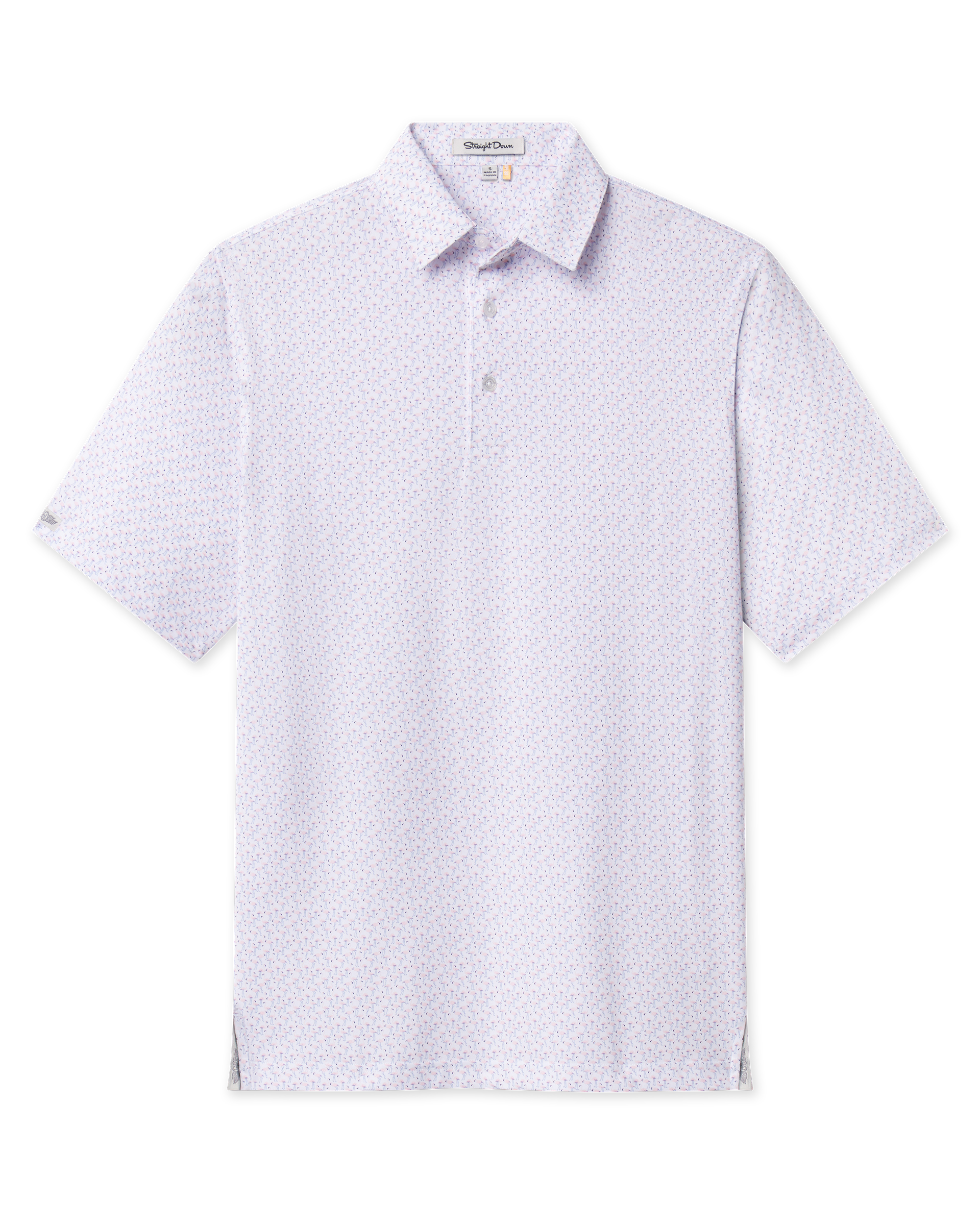 Front product view of the Pink Flamingo Polo in Seashell, featuring an allover flamingo print, self collar, and short sleeves.