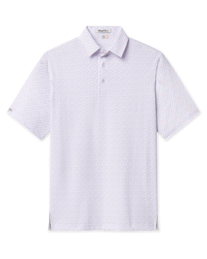 Front product view of the Pink Flamingo Polo in Seashell, featuring an allover flamingo print, self collar, and short sleeves.