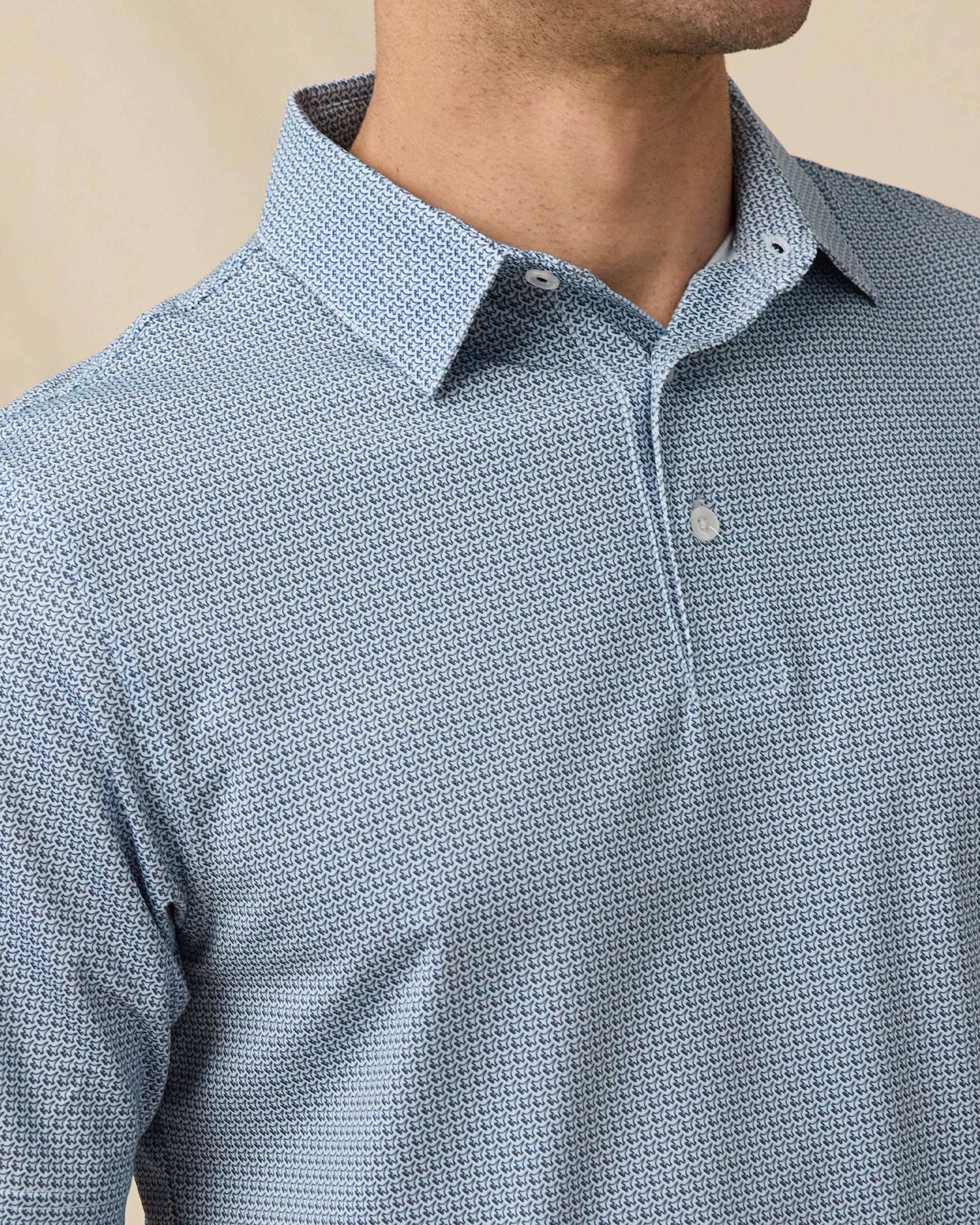 F-16 Polo in Nantucket Blue with collar pattern detail close-up