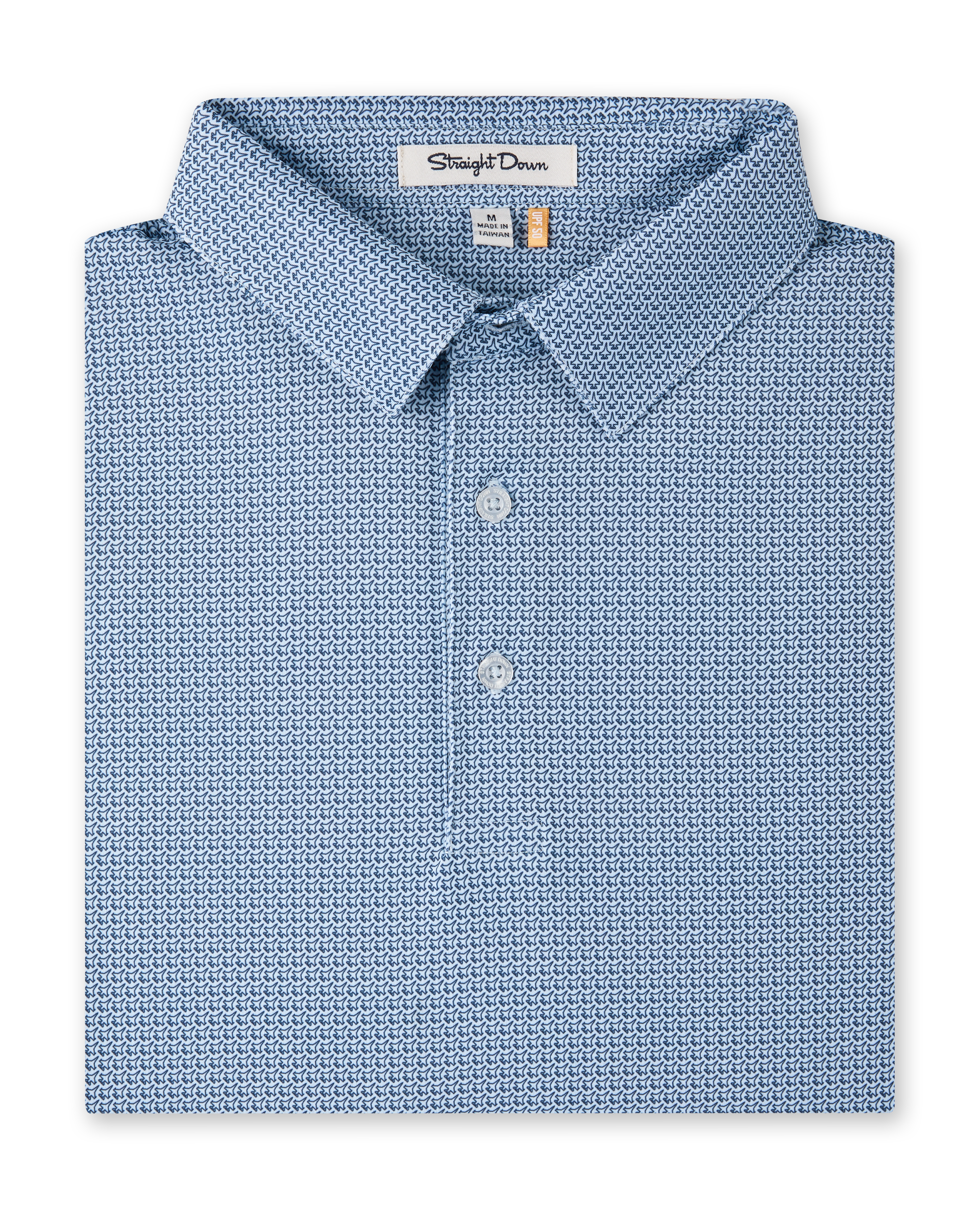 F-16 Polo in Nantucket with blue geometric aircraft-inspired print, folded view