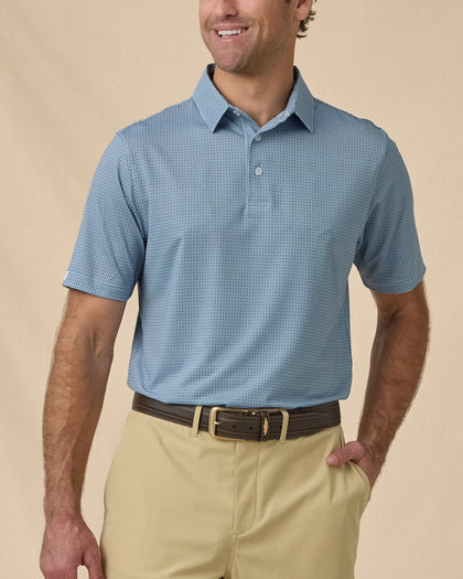 F-16 Polo in Nantucket Blue, front model view with khaki shorts