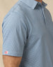 F-16 Polo in Nantucket Blue with sleeve flag logo detail close-up