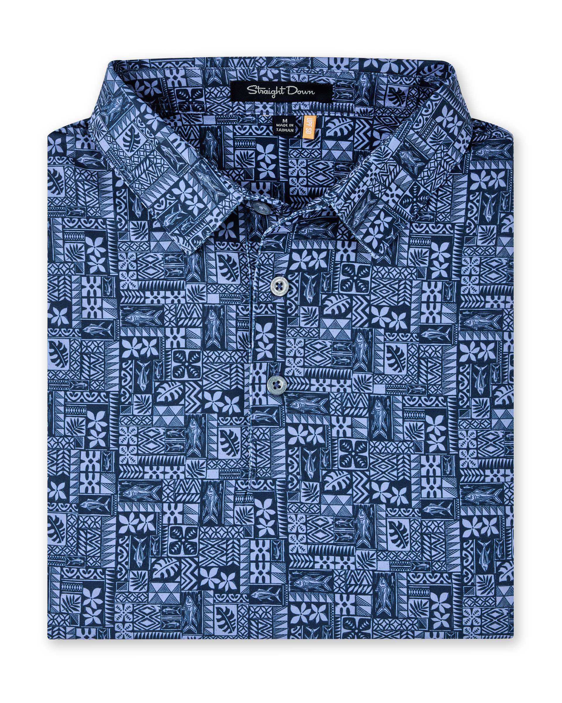 Folded Reef Runner Polo in Blue Shade, featuring an allover patchwork-inspired print with fish, florals, leaves, and geometric motifs.