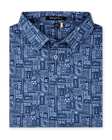 Folded Reef Runner Polo in Blue Shade, featuring an allover patchwork-inspired print with fish, florals, leaves, and geometric motifs.