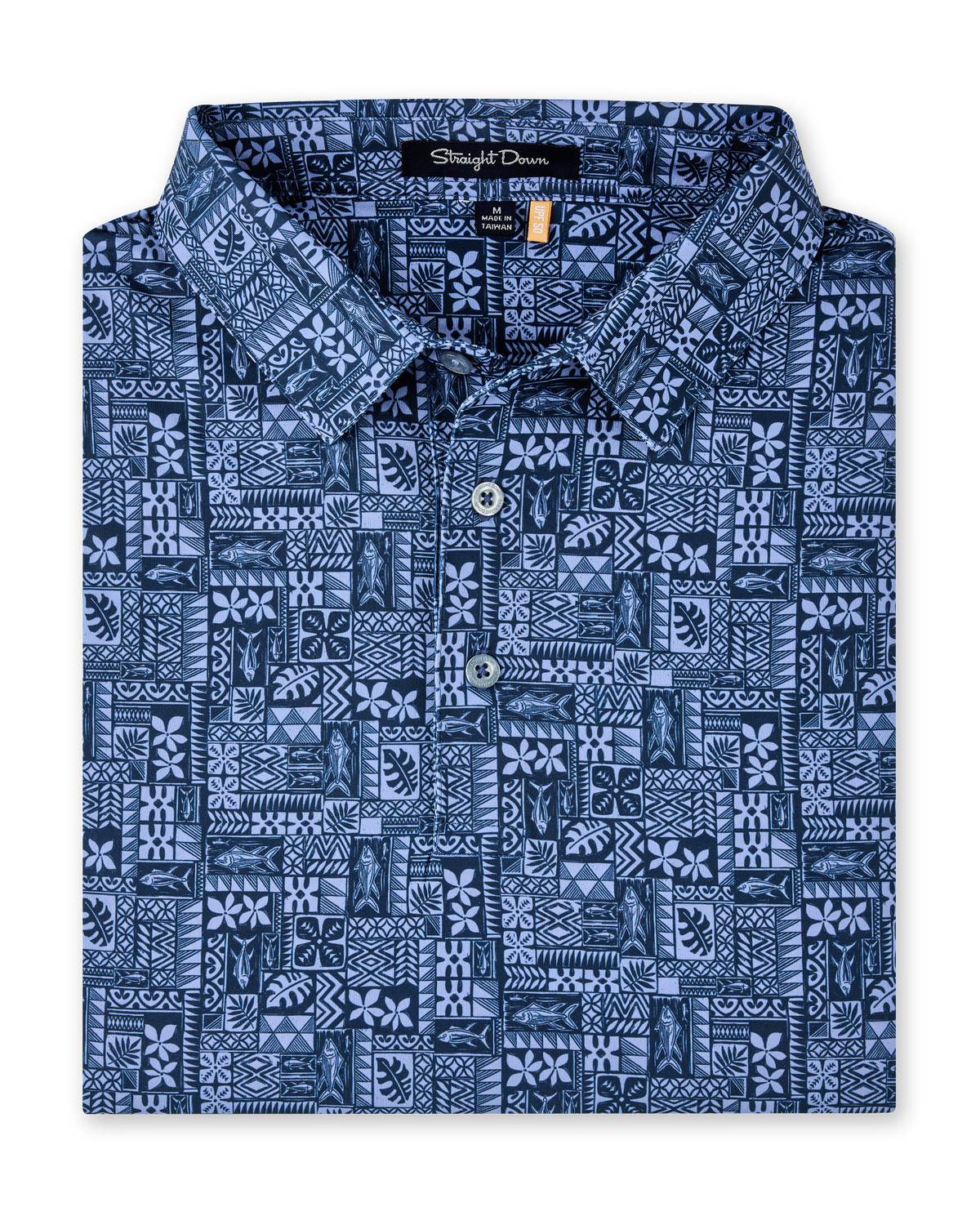 Folded Reef Runner Polo in Blue Shade, featuring an allover patchwork-inspired print with fish, florals, leaves, and geometric motifs.