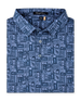 Folded Reef Runner Polo in Blue Shade, featuring an allover patchwork-inspired print with fish, florals, leaves, and geometric motifs.