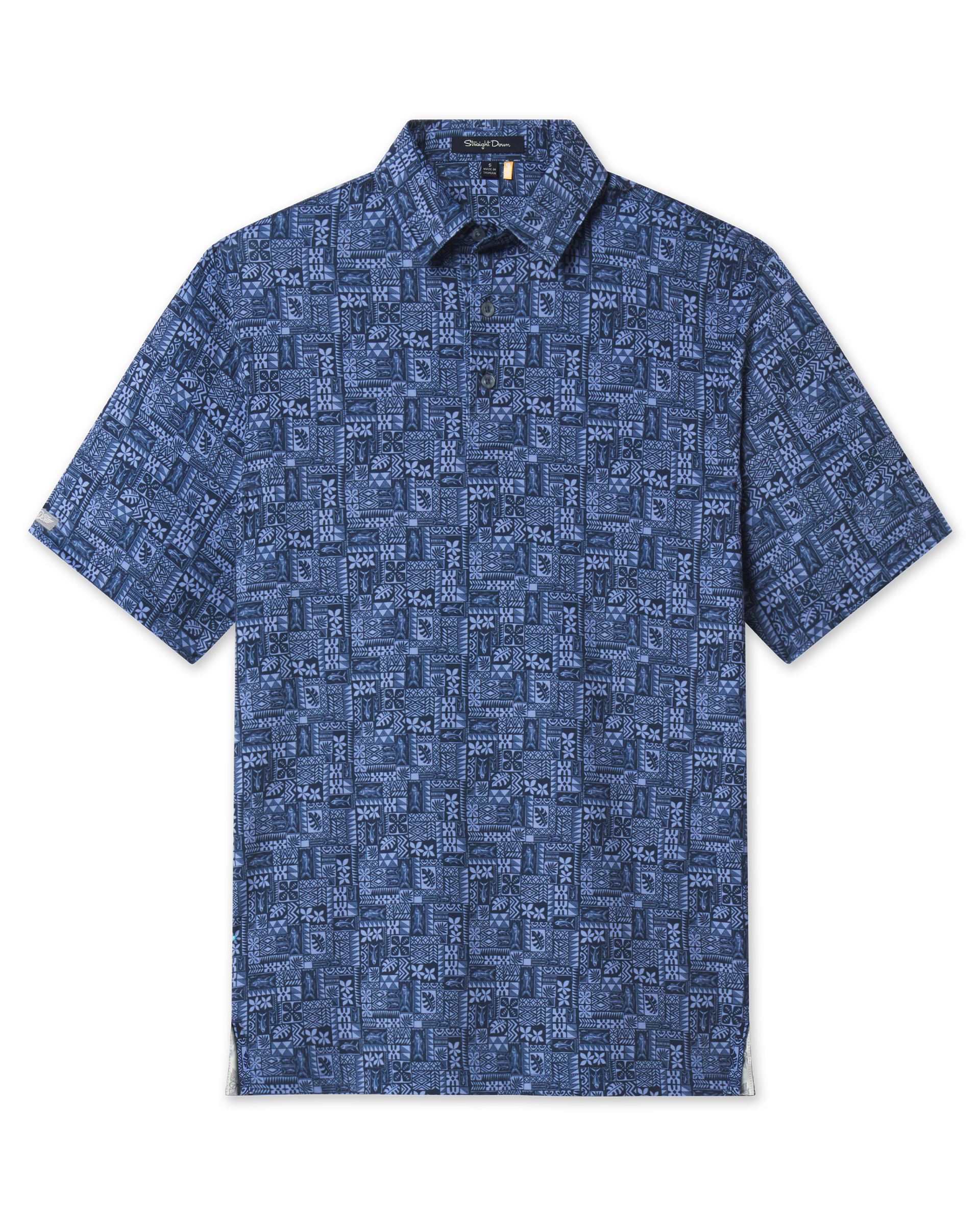 Front product view of the Reef Runner Polo in Blue Shade, featuring a tonal blue patchwork print, self collar, and short sleeves.