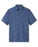 Front product view of the Reef Runner Polo in Blue Shade, featuring a tonal blue patchwork print, self collar, and short sleeves.