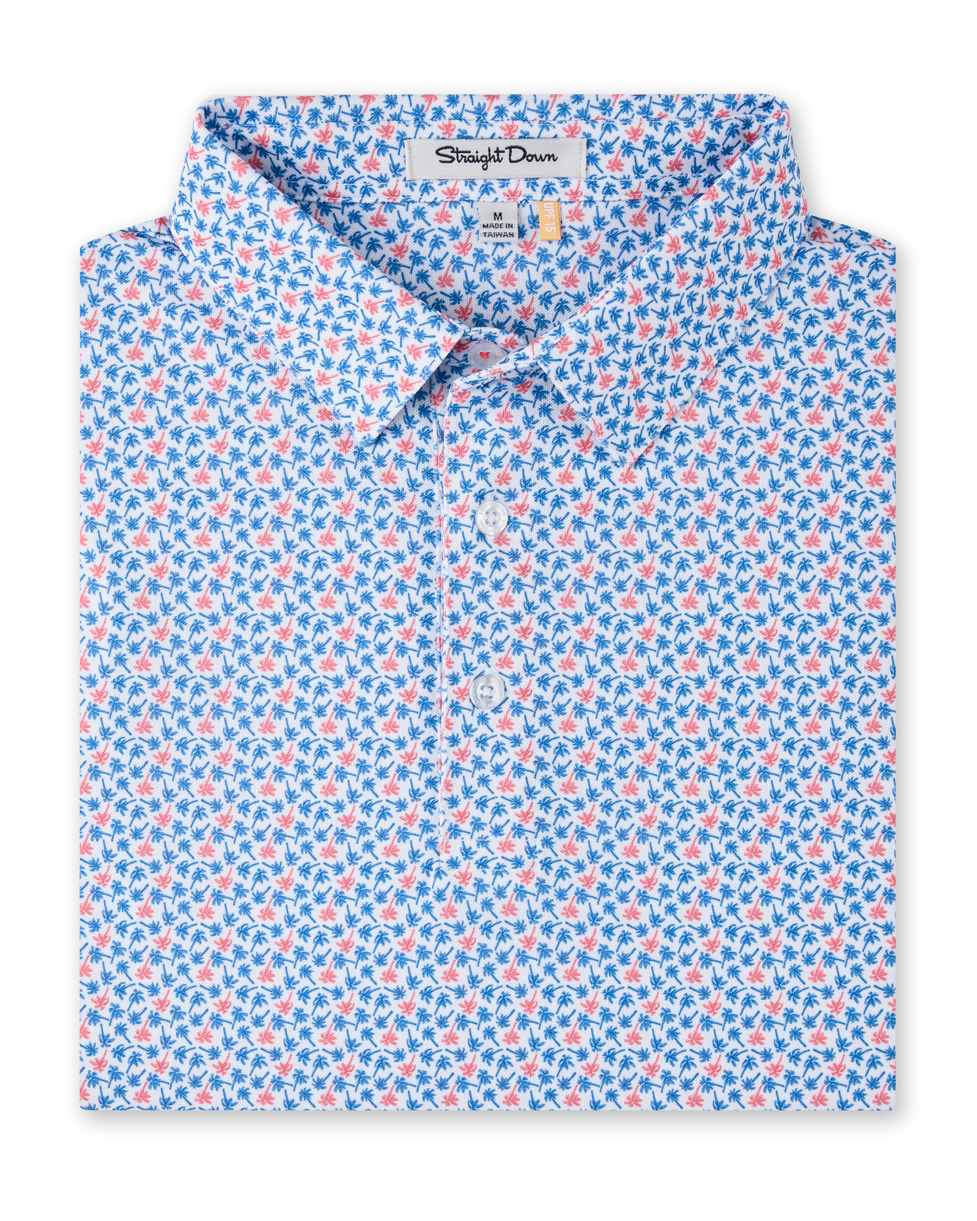 Kona Palms Polo in Cobalt with allover palm tree print, folded view