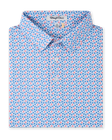Kona Palms Polo in Cobalt with allover palm tree print, folded view