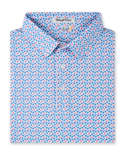 Kona Palms Polo in Cobalt with allover palm tree print, folded view