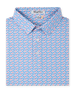 Kona Palms Polo in Cobalt with allover palm tree print, folded view