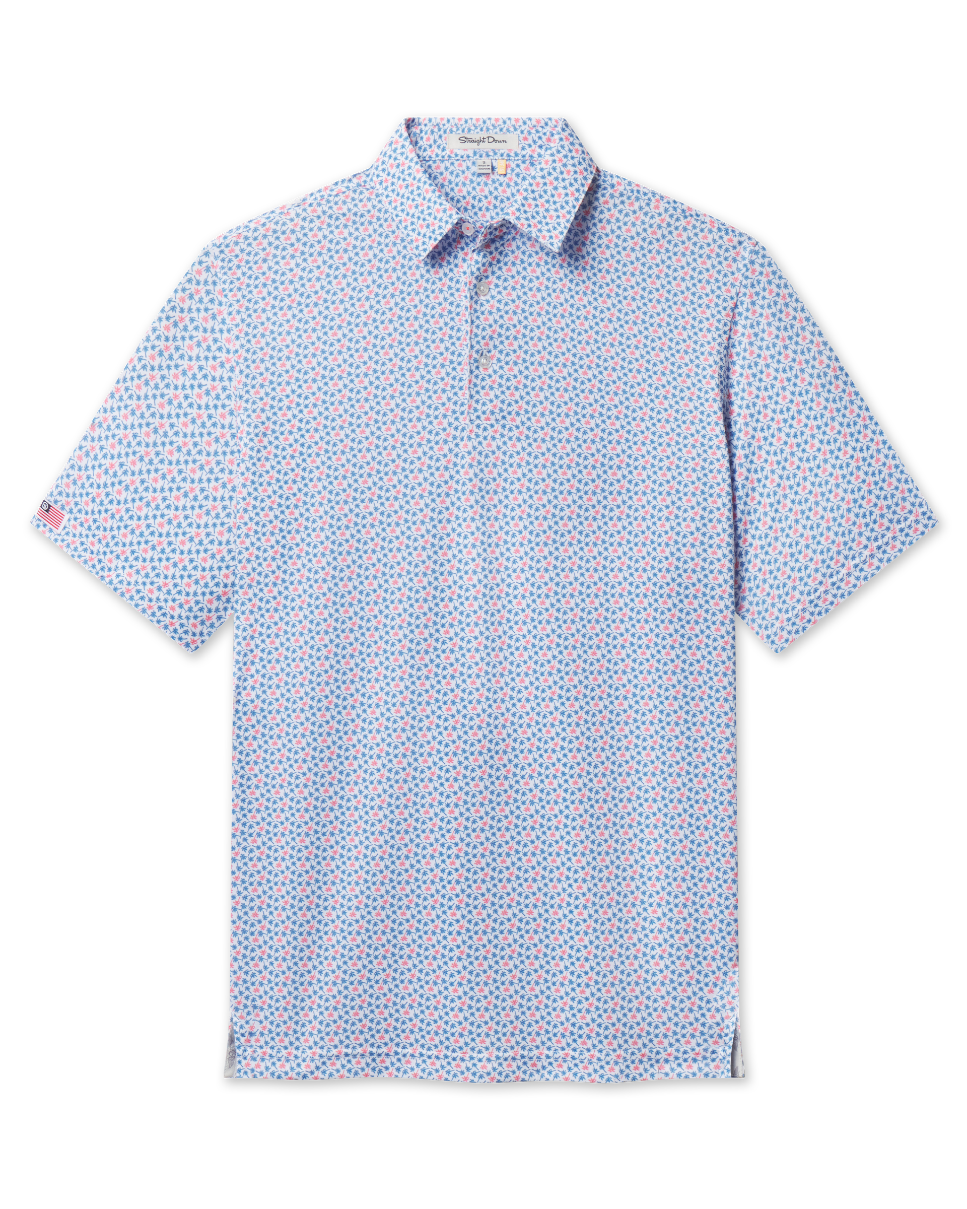 Kona Palms Polo in Cobalt with blue and pink palm tree print, front view