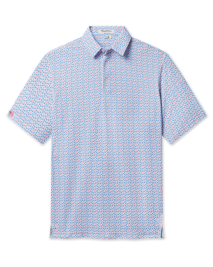 Kona Palms Polo in Cobalt with blue and pink palm tree print, front view