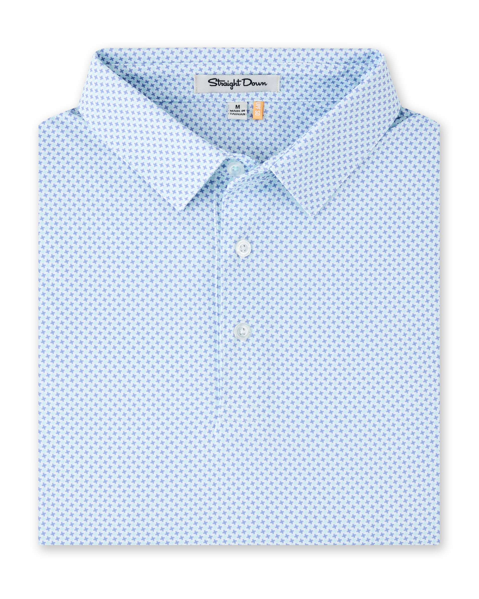 Folded Check Mate Polo in Mint Tea, featuring an allover blue micro geometric print, self collar, and button placket.
