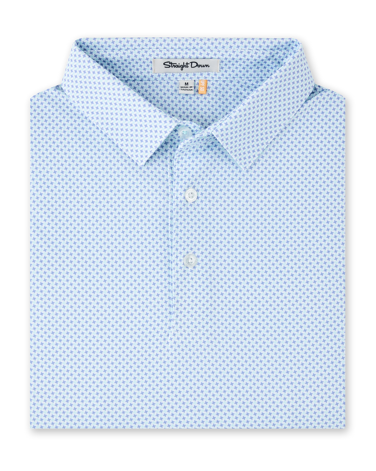 Folded Check Mate Polo in Mint Tea, featuring an allover blue micro geometric print, self collar, and button placket.