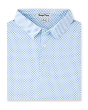 Folded Check Mate Polo in Mint Tea, featuring an allover blue micro geometric print, self collar, and button placket.