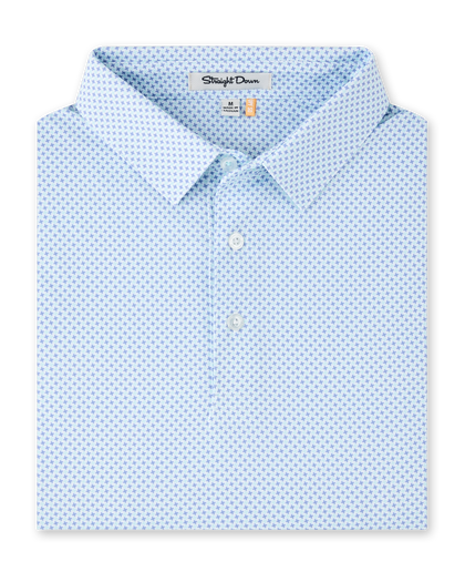 Folded Check Mate Polo in Mint Tea, featuring an allover blue micro geometric print, self collar, and button placket.