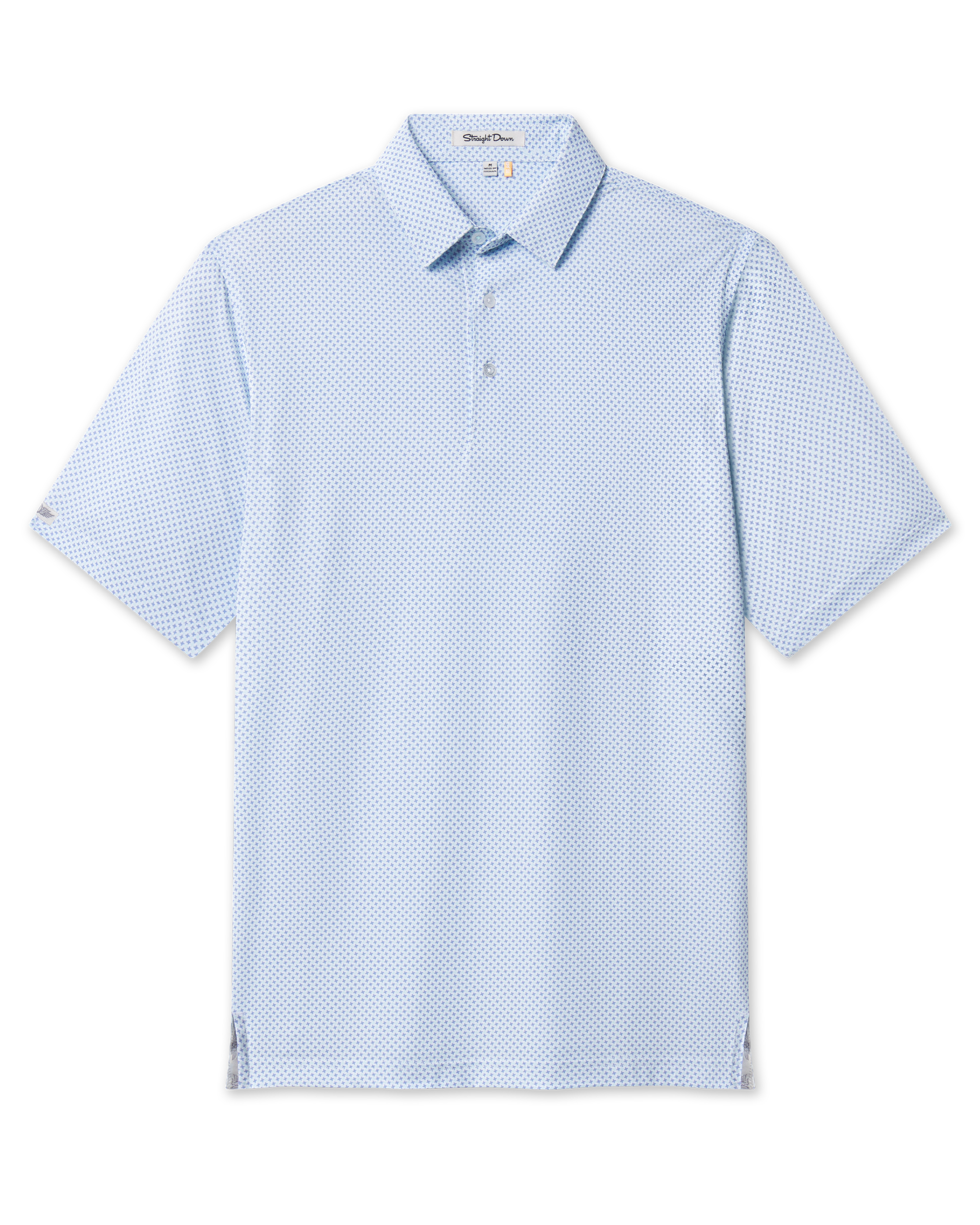 Front product view of the Check Mate Polo in Mint Tea, featuring a blue micro geometric print and short sleeves.