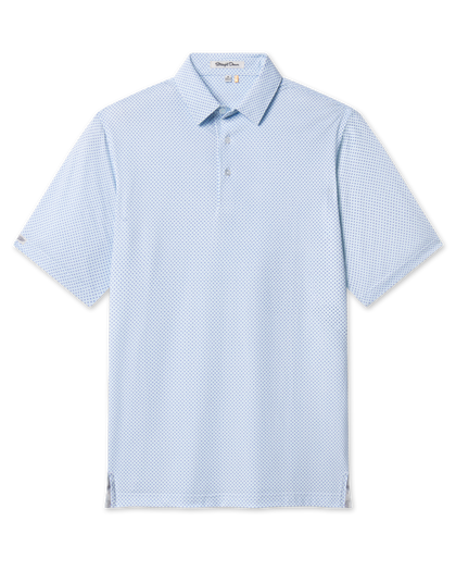 Front product view of the Check Mate Polo in Mint Tea, featuring a blue micro geometric print and short sleeves.