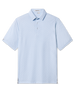 Front product view of the Check Mate Polo in Mint Tea, featuring a blue micro geometric print and short sleeves.