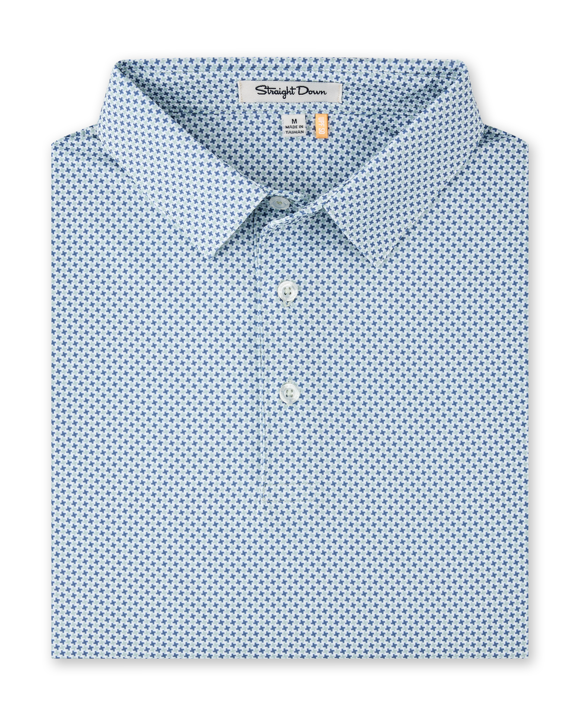 A folded light blue dress shirt with a small repeating blue and green geometric pattern, featuring a pointed collar, two-button placket, and a visible Straight Down neck label.