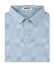A folded light blue dress shirt with a small repeating blue and green geometric pattern, featuring a pointed collar, two-button placket, and a visible Straight Down neck label.