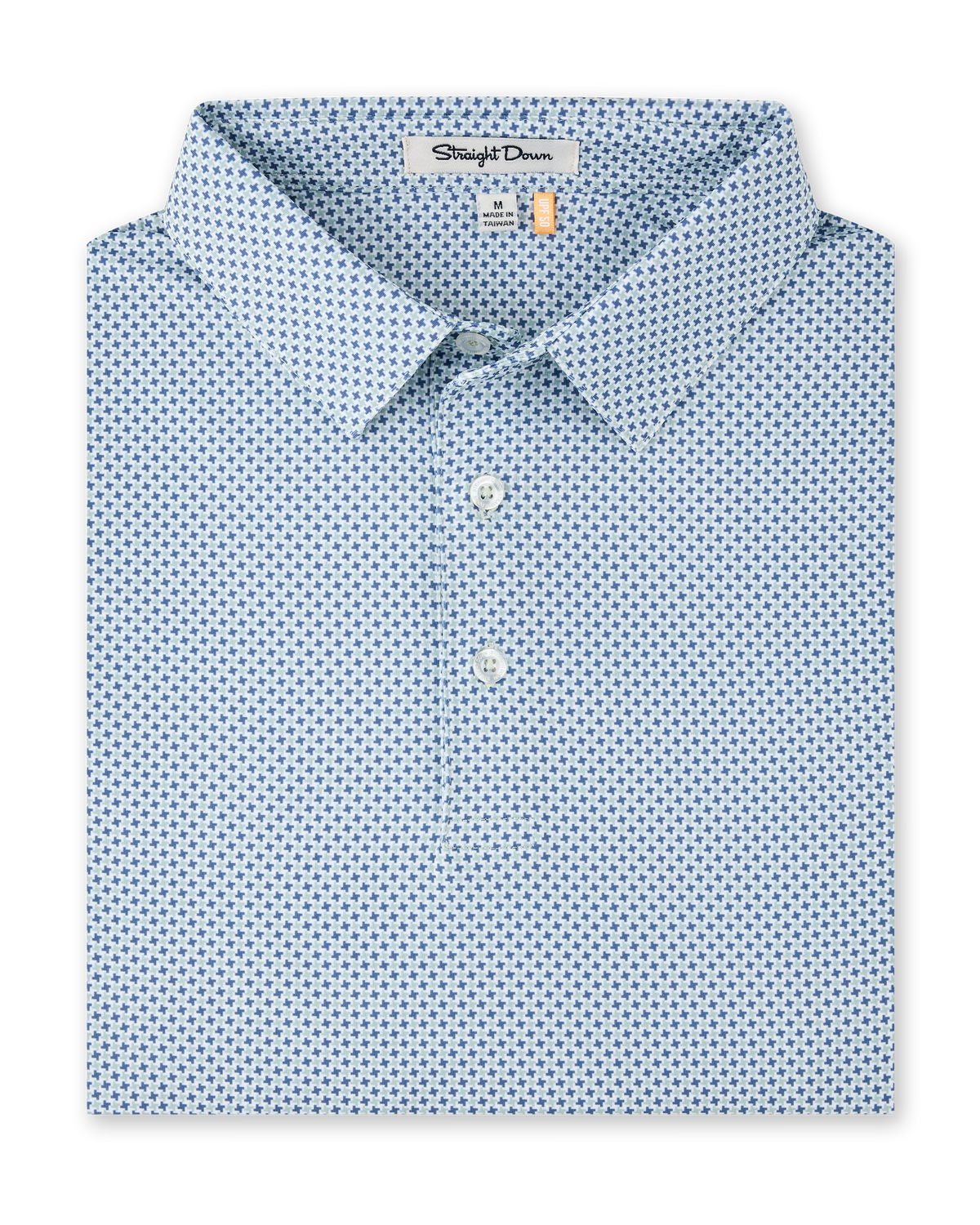 A folded light blue dress shirt with a small repeating blue and green geometric pattern, featuring a pointed collar, two-button placket, and a visible Straight Down neck label.