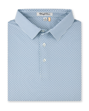 A folded light blue dress shirt with a small repeating blue and green geometric pattern, featuring a pointed collar, two-button placket, and a visible Straight Down neck label.