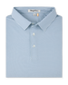 A folded light blue dress shirt with a small repeating blue and green geometric pattern, featuring a pointed collar, two-button placket, and a visible Straight Down neck label.