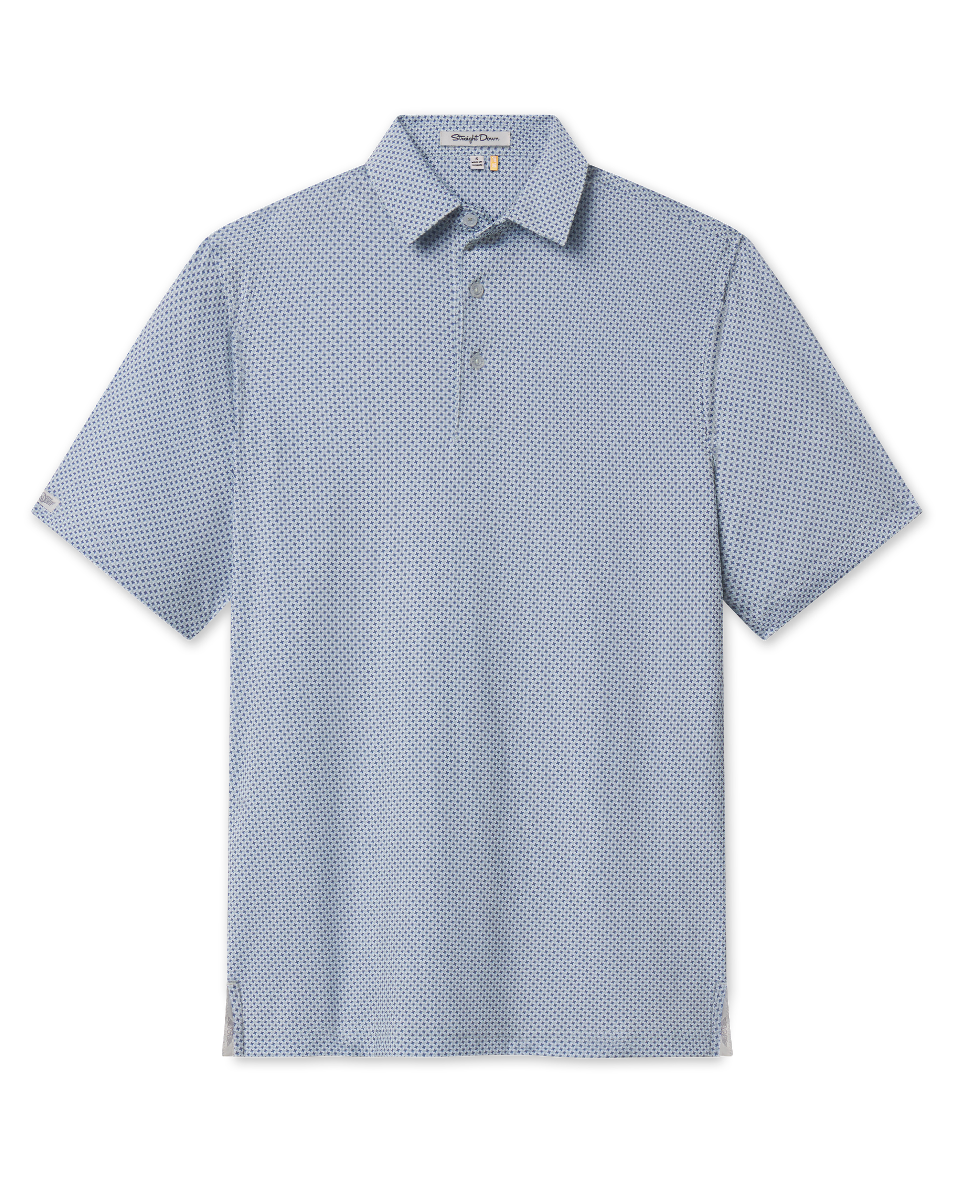 A short-sleeve polo shirt in a light blue and white micro-pattern, featuring a classic collar and a three-button placket.