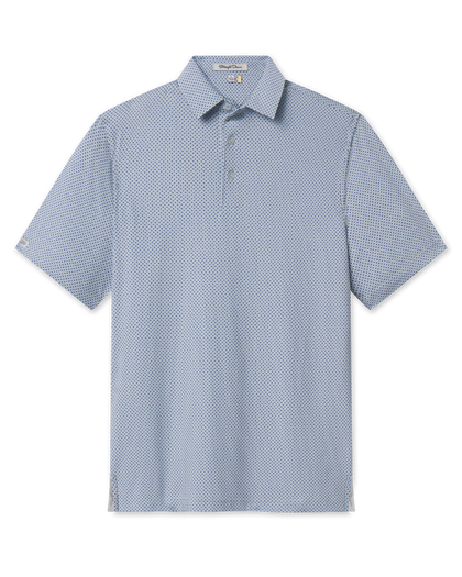 A short-sleeve polo shirt in a light blue and white micro-pattern, featuring a classic collar and a three-button placket.
