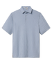 A short-sleeve polo shirt in a light blue and white micro-pattern, featuring a classic collar and a three-button placket.