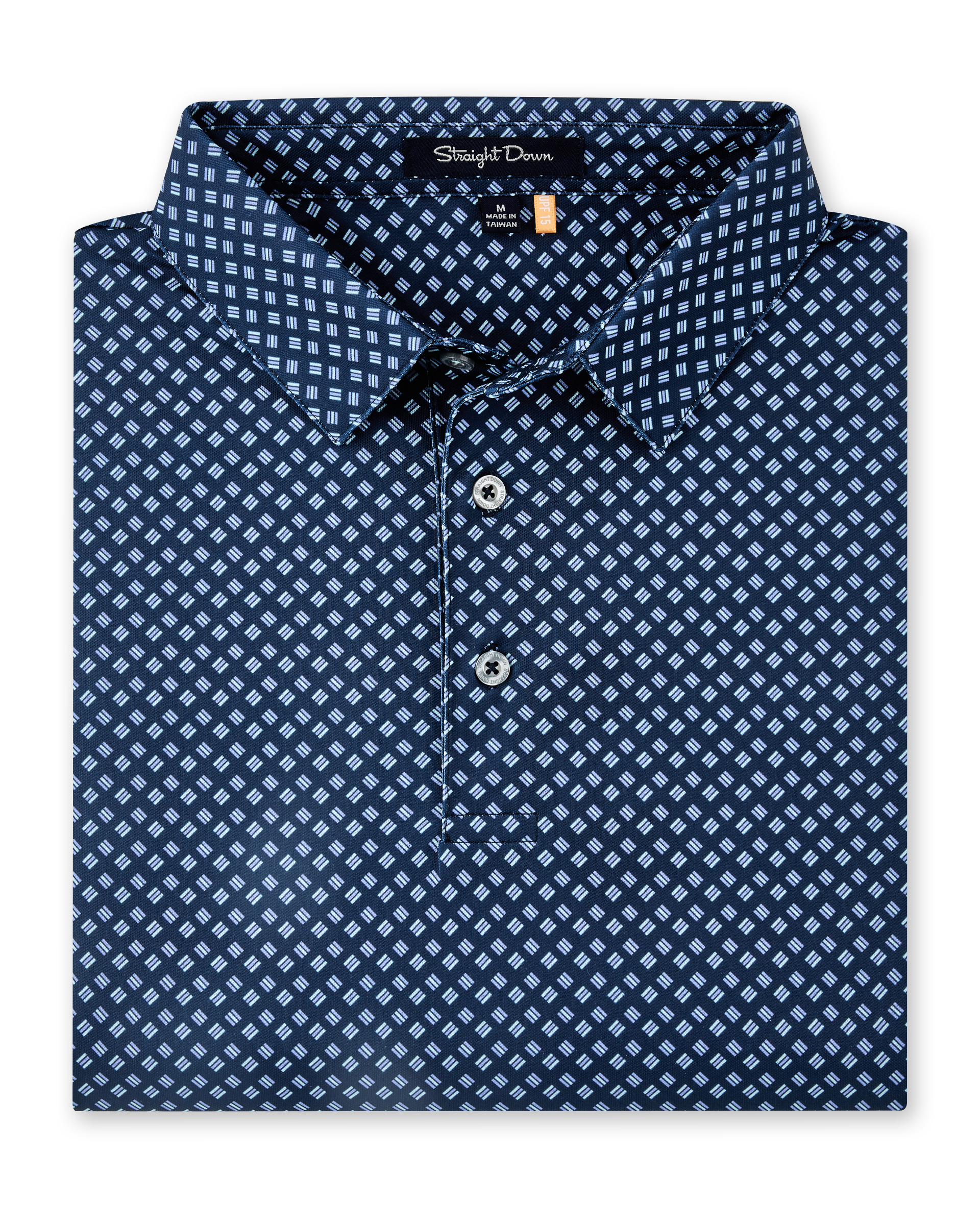 Folded Banksville Polo in New Indigo, featuring a repeating light blue geometric print, self collar, and button placket.