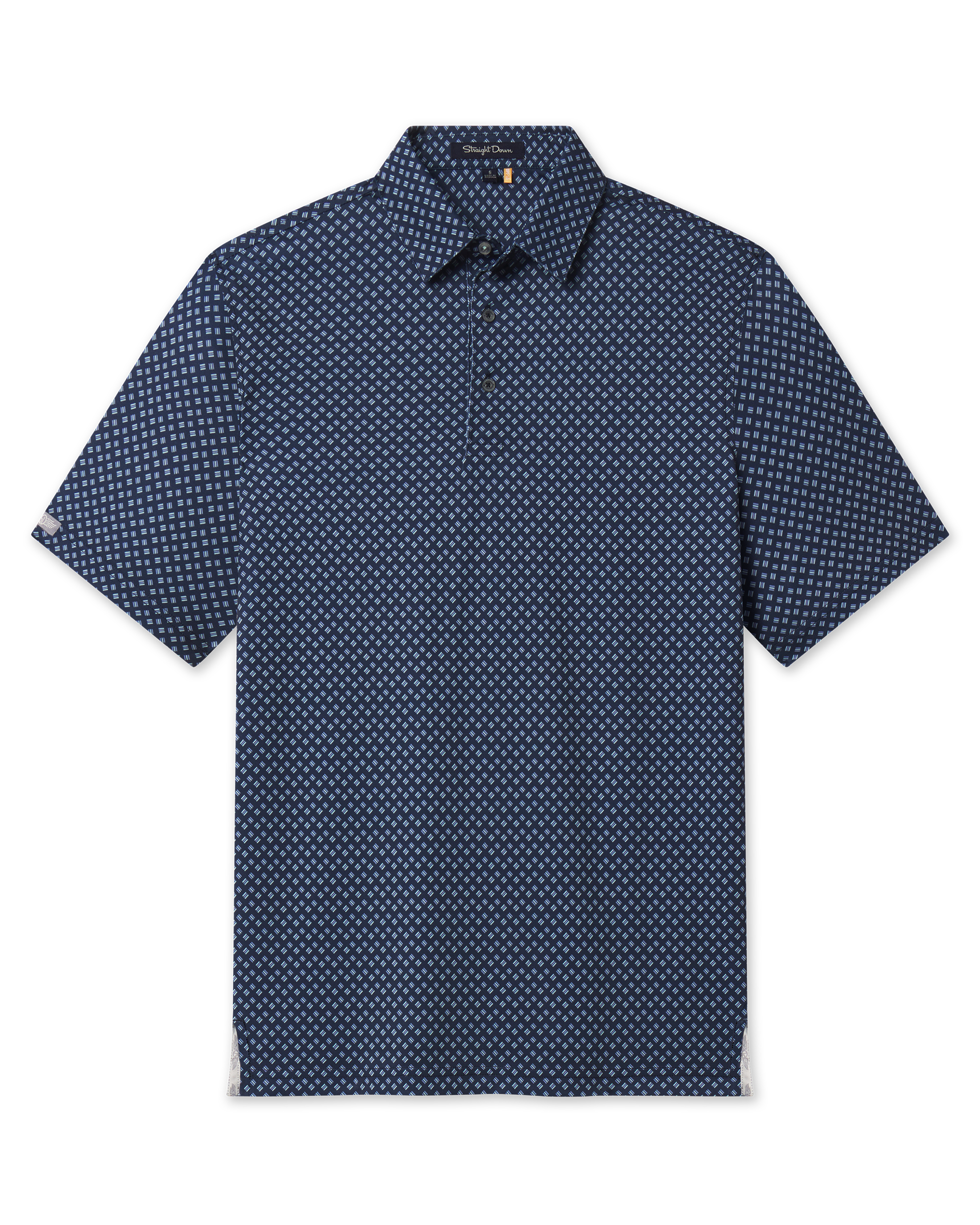 Front product view of the Banksville Polo in New Indigo, featuring an allover light blue geometric print and short sleeves.