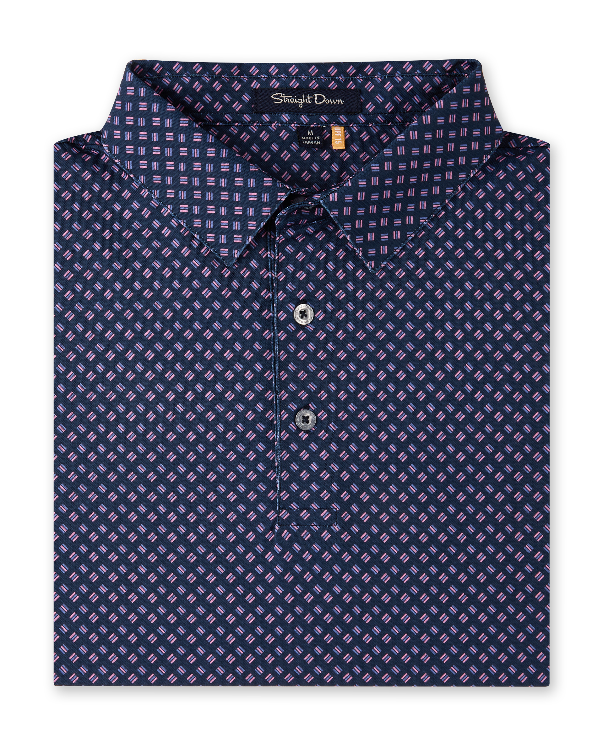Folded Banksville Polo in Tidal Blue displaying the geometric pattern, collar, and button placket
