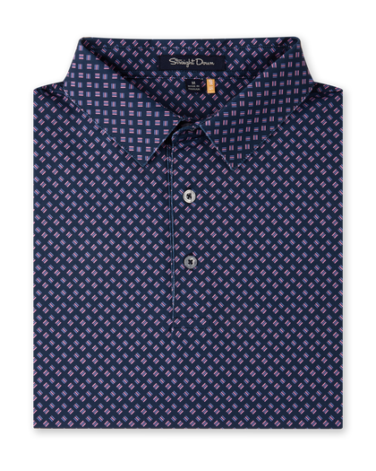 Folded Banksville Polo in Tidal Blue displaying the geometric pattern, collar, and button placket