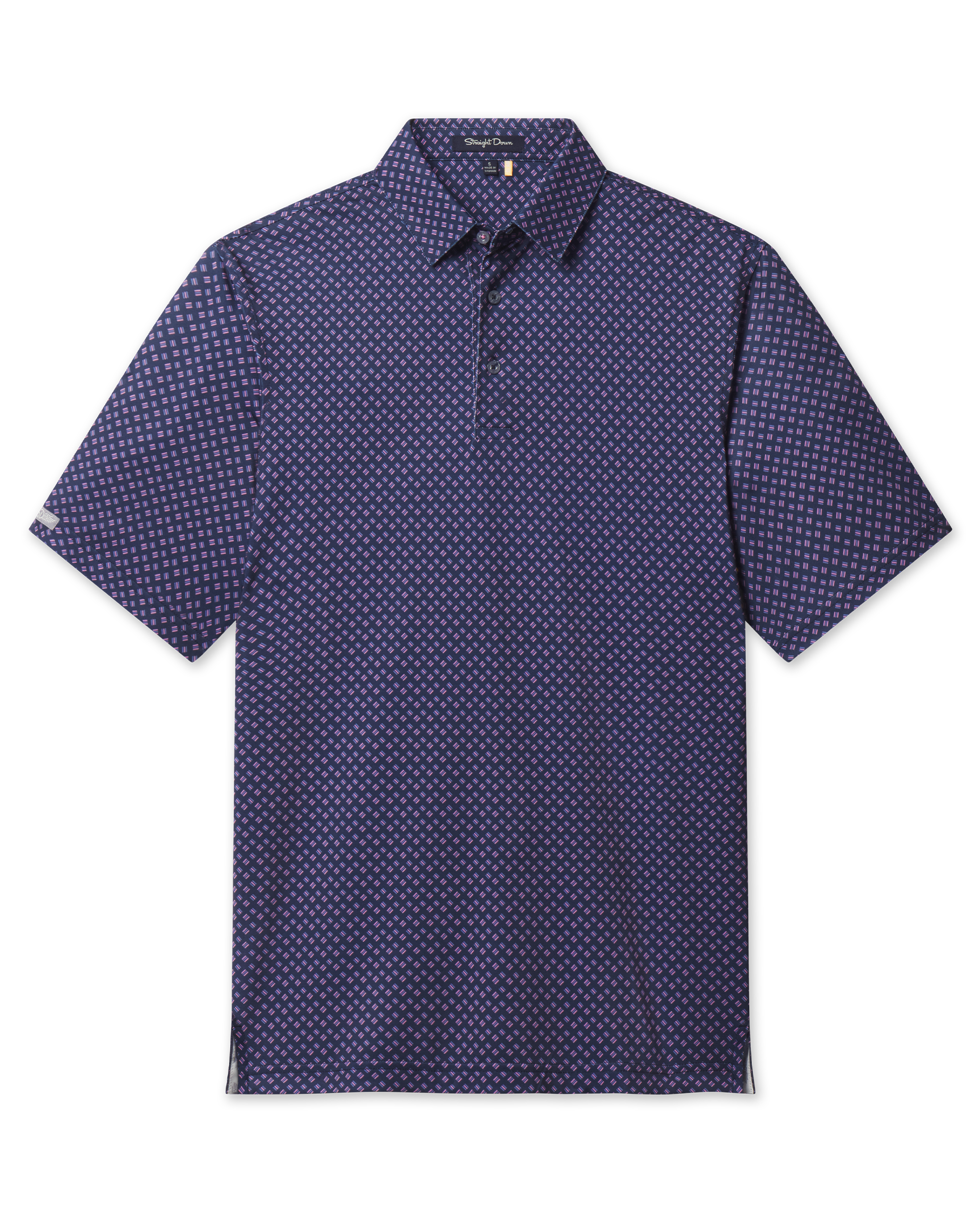 Banksville Polo in Tidal Blue featuring a navy base with a refined pink geometric pattern and short sleeves, front view